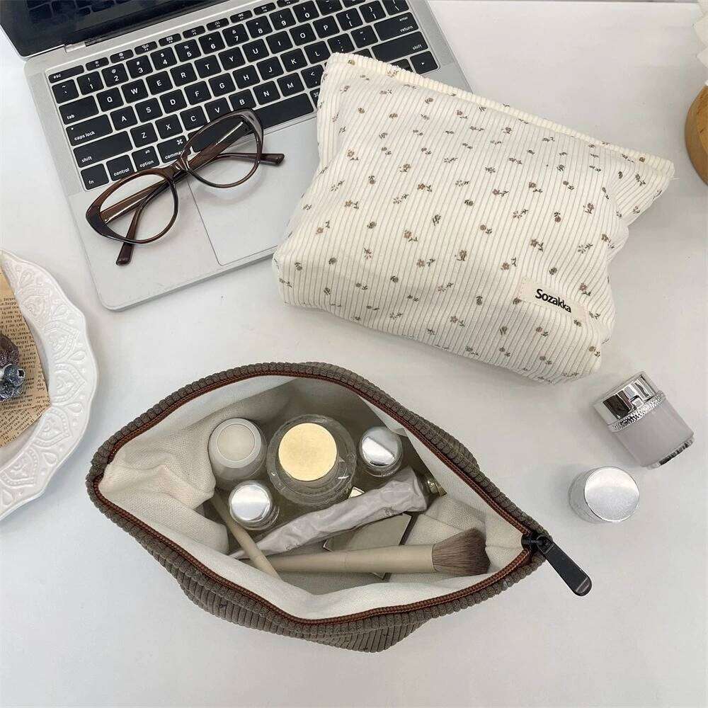 Corduroy Travel Cosmetic Portable Makeup Bag Purses Women Large Capacity Zipper Make Up Organizer Storage Clutch Y260206