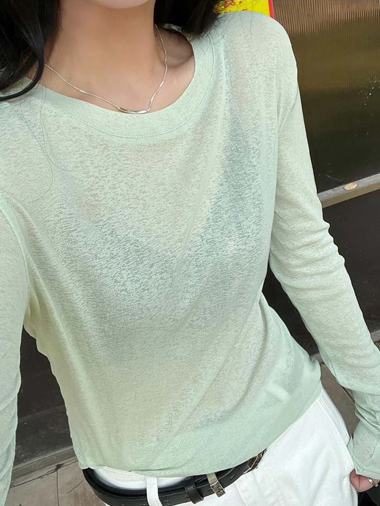2026 Spring Summer Ice Silk Sun Protection Shirt Long Sleeve Solid Loose Versatile Cover Up Top Sexy Seethrough Women TShirts 260127