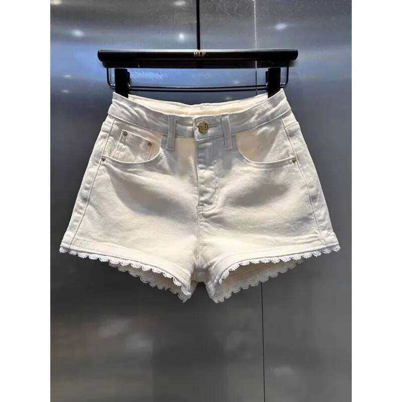 Korean Style Spliced lace Denim Shorts for Women 2025 Design High Waist Elastic Versatile Hot Pants XJ260206