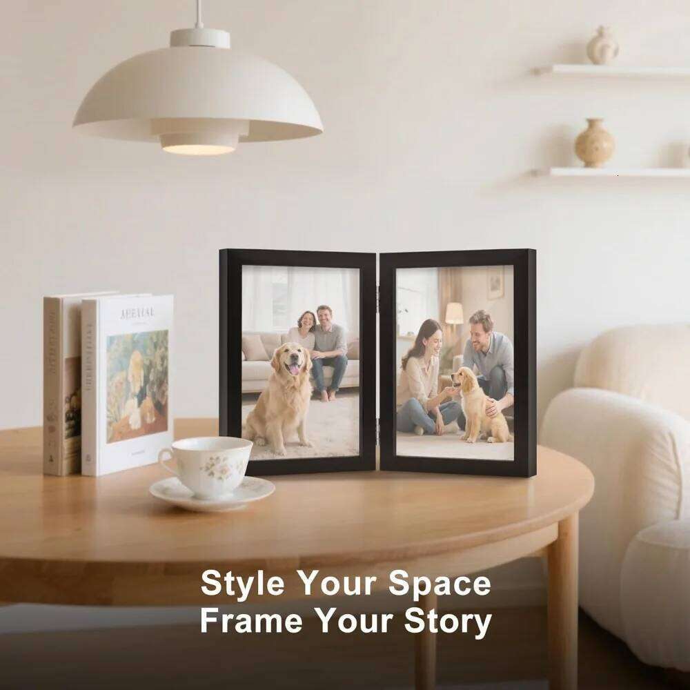 5x7 Double Picture Wooden Hinged Photo Frame Definition Glass Stand Vertically on Desktop or Tabletop Black S260205