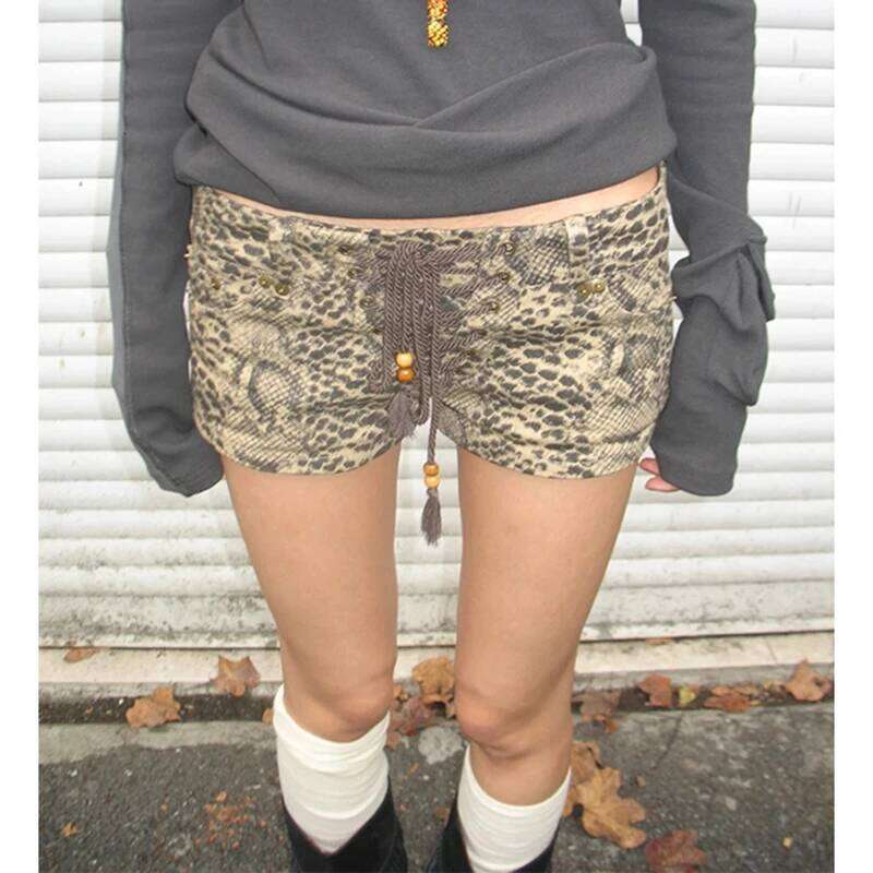 MEXZT Y2K Leopard Print Denim Women Harajuku Bandage Shorts Jeans Summer Streetwear Grunge Sexy Low Waist Hot Short Pants H260206
