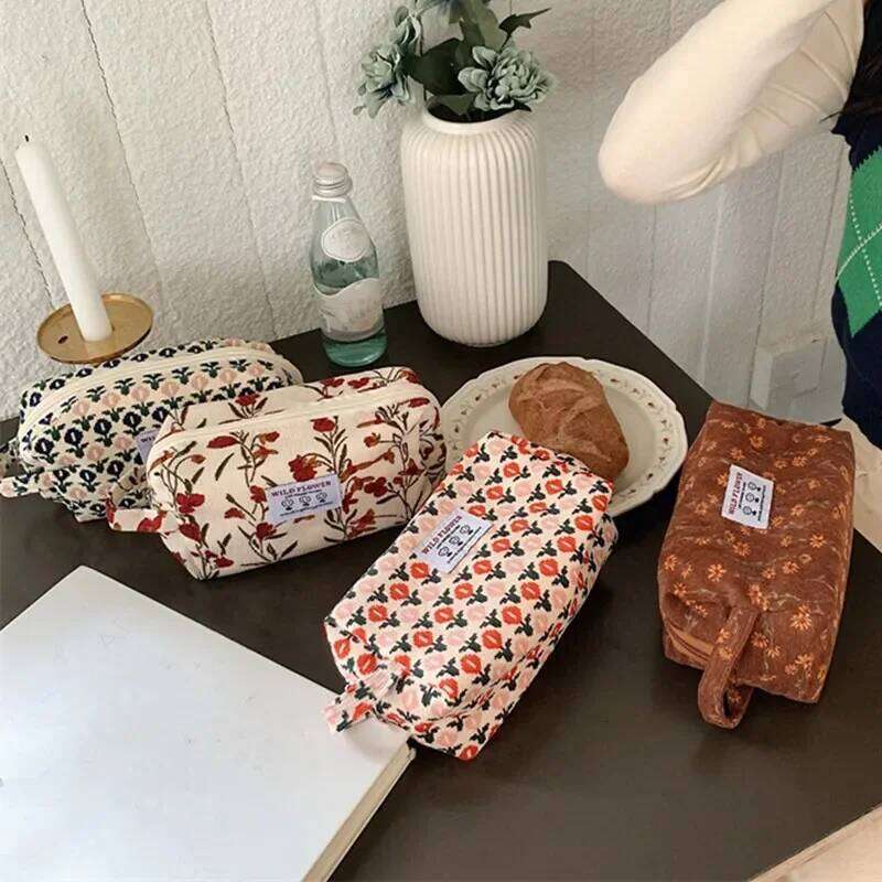 Corduroy Makeup Bags for Women Floral Print Cosmetic Pencil Travel Toiletry Storage Bag Organizer Beauty Case Y260206