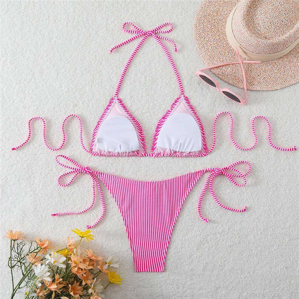 Pink Striped Print Ruffled Edge Swimwear Halter String Triangle Bikinis Sets Micro Thong Sexy Swimsuit Women 2026 Bather Bikini Z260206