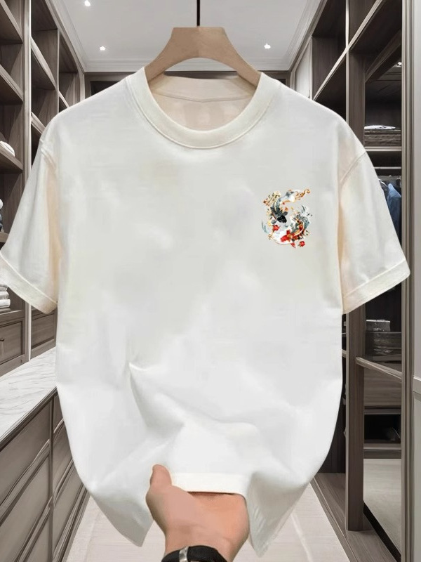 Summer 2026 New Koi Fish Print Design Short Sleeve Fashion Vintage Chinese Style Relaxed Fit Casual Round Neck T-Shirt Free Shipping