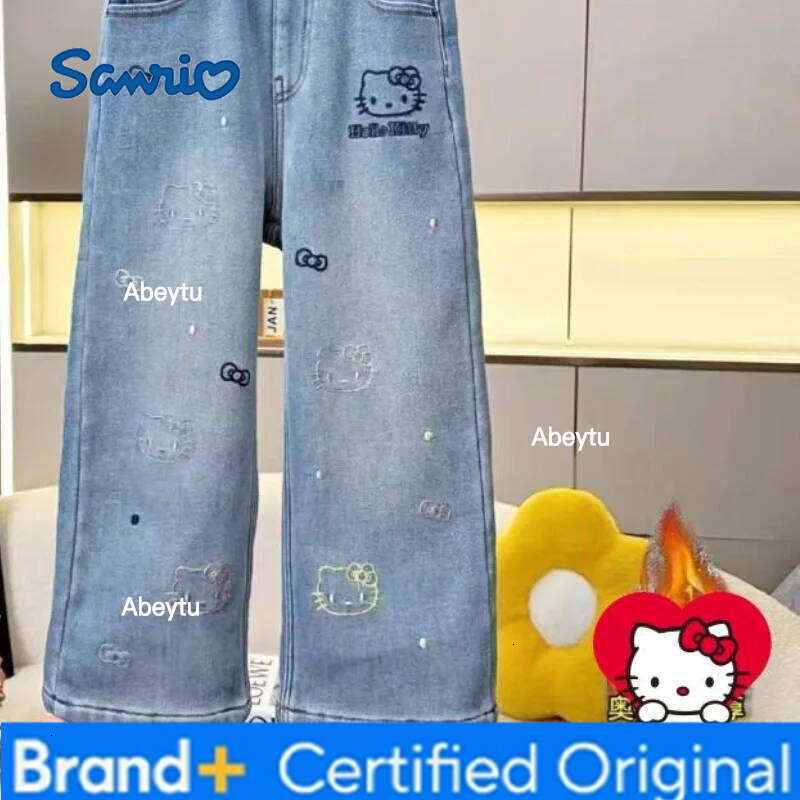 Sanrio Hello Kitty Jeans Girl Kids Kawaii Casual Fashion Cute Warm Autumn and Winter Student Loose Pants Children's Clothing H260206