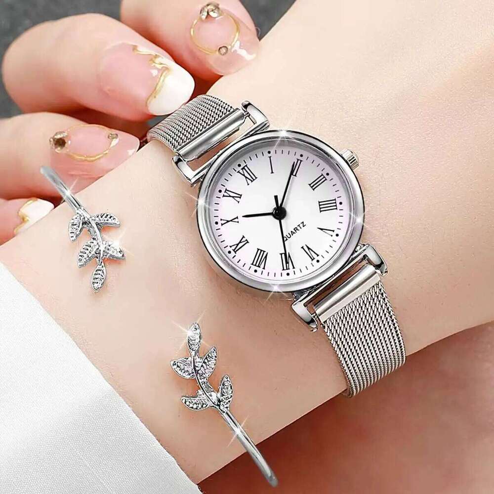 2PCS/Set Fashion Women Watches Casual Mesh Band Quartz Watch Opening Cuff Bracelet Bangle SetWithout Box Z260206