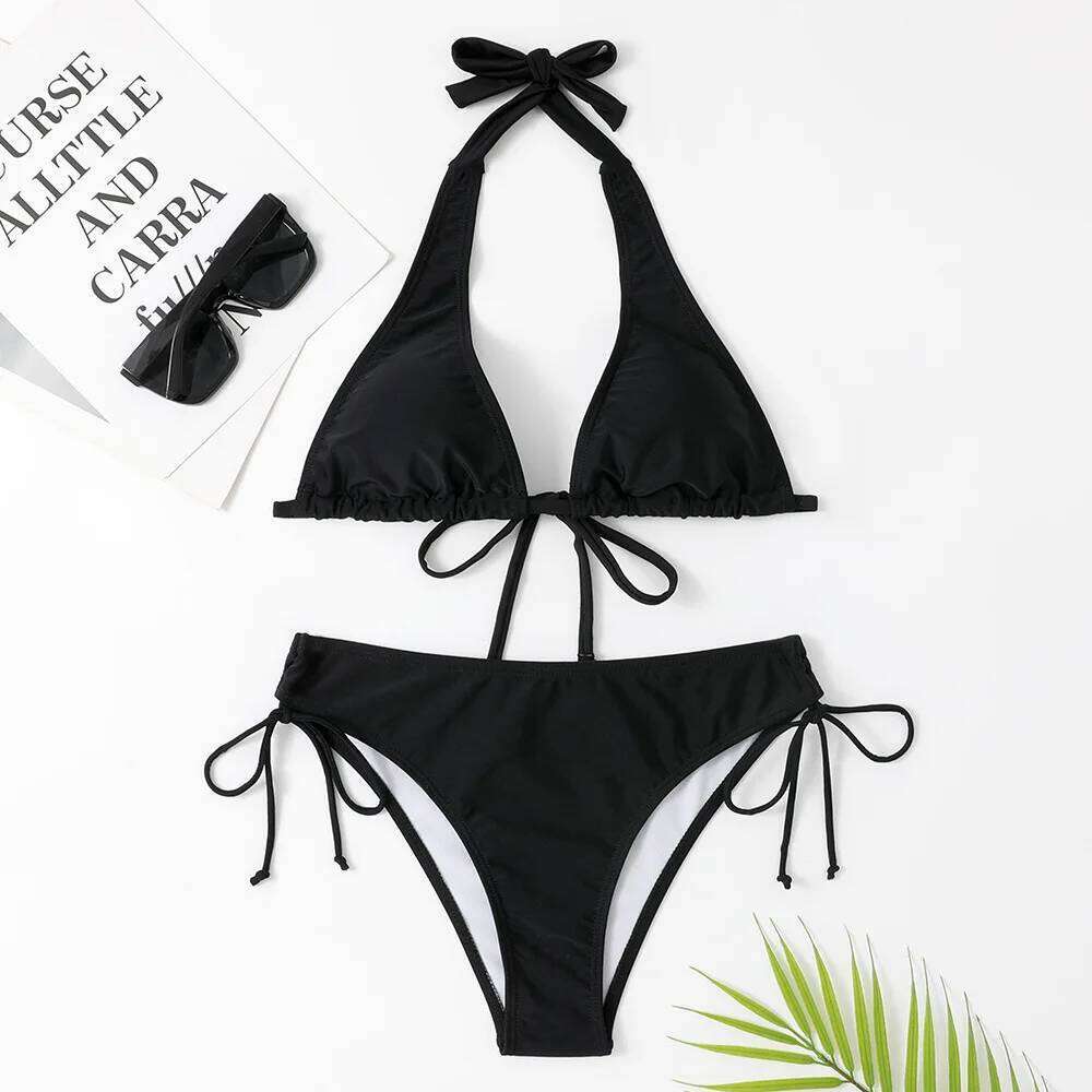 2025 Sexy Halter Bikini Swimsuit Low Waisted Black/Red/Rose Beach Bathing Suit Cheap Bandage Brazilian Swimwear Two Pieces Sale Z260206