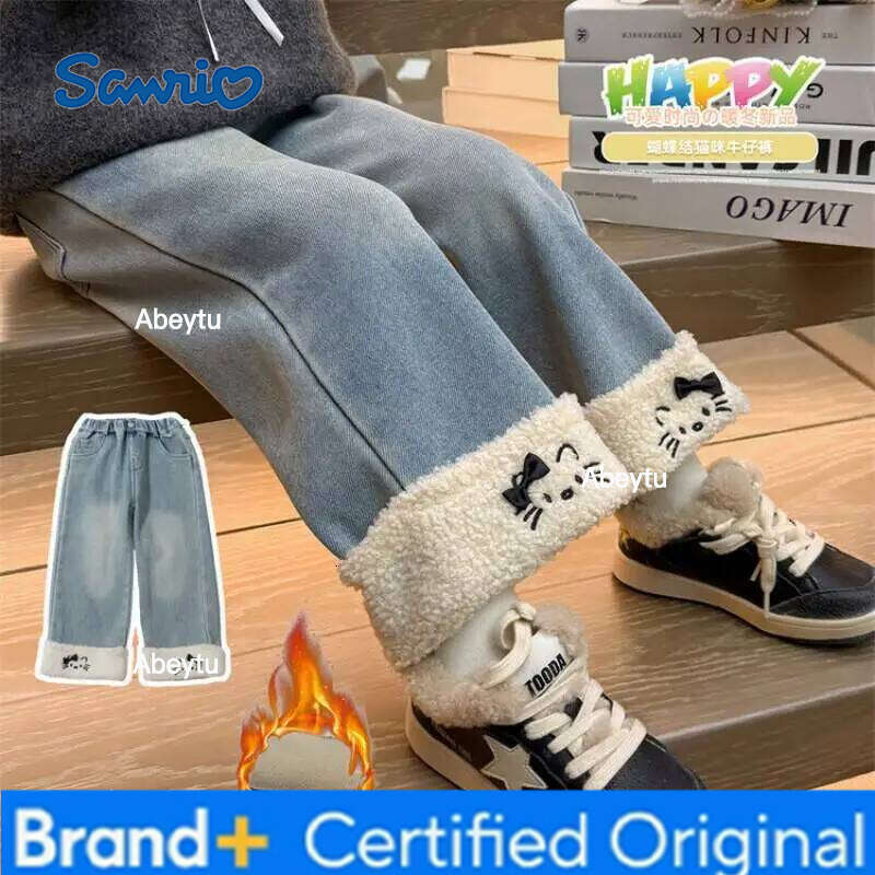 Sanrio Hot Y2K Girl Jeans Hello Kitty Kawaii Anime Autumn and Winter Student Keep Warm Long Pants Children's Clothing New Style H260206