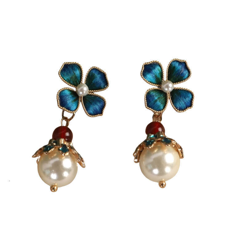 Silk Velvet Flower White Pearl Daily Versatile Cheongsam Dress Earrings Jewelry