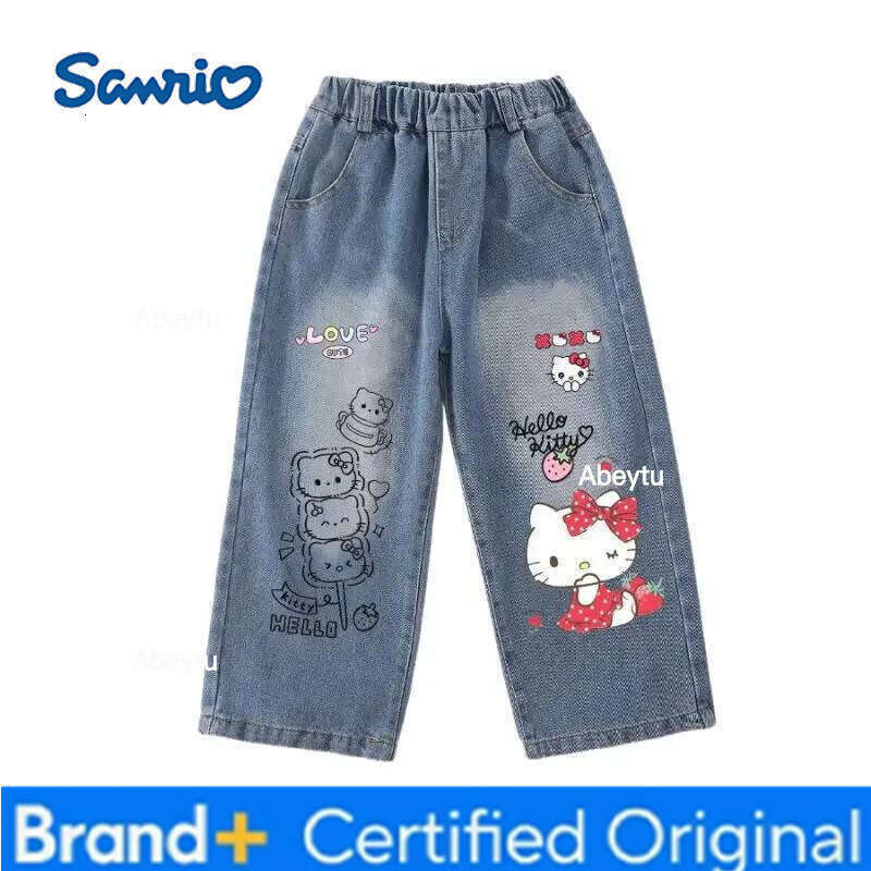Sanrio Hello Kitty Denim Jeans for Little Girls Long Pants Spring Autumn Loose Fit Wide Leg Fashionable Cartoon New Style 2026 H260206