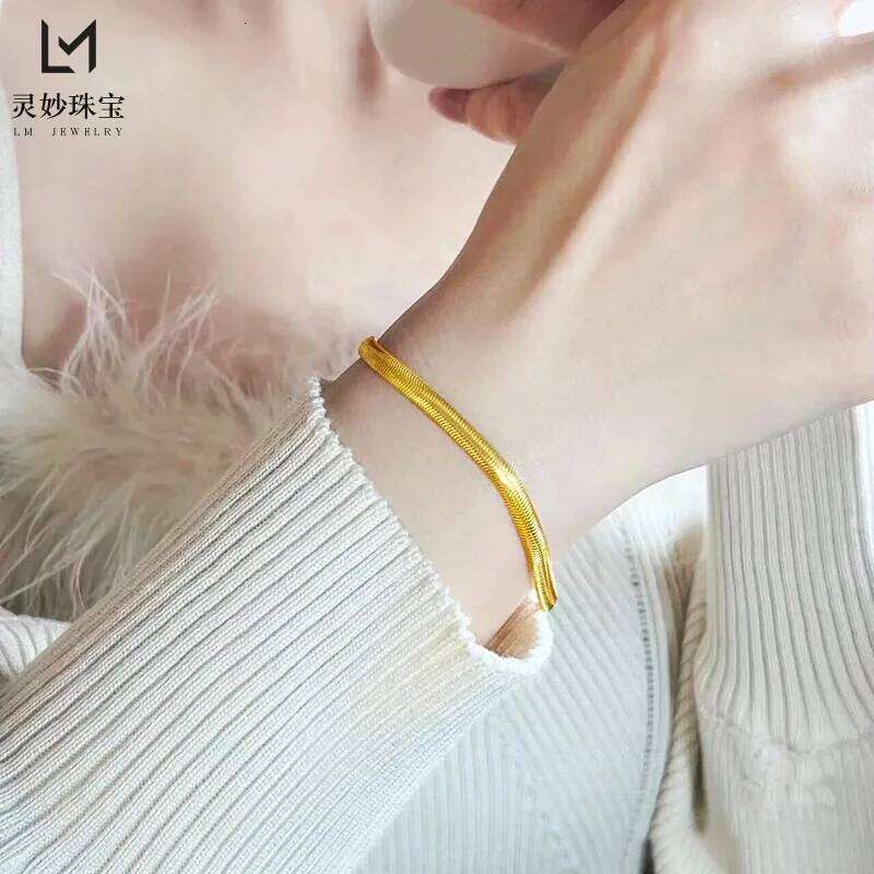 Unisex Luxury Flat Snake Bone Bracelet 24K Gold - Universal style, smooth chain, AU999 quality guarantee 26H0206