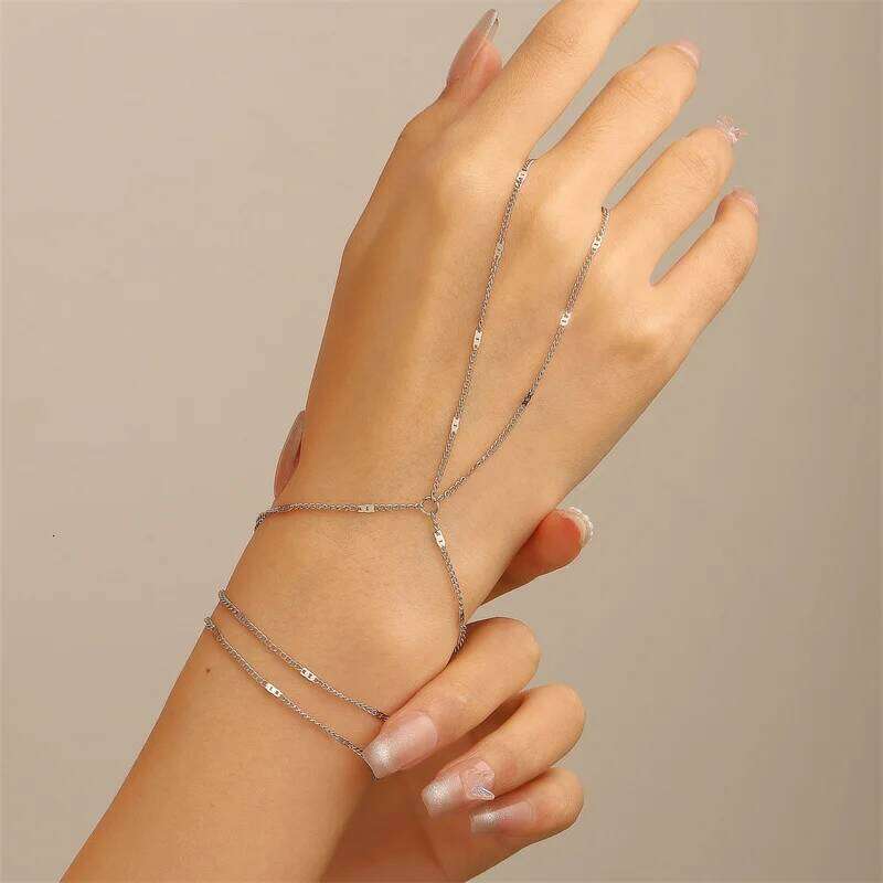 Trendy Gold Color Dainty for Women Simple Thin Link Chain Connecting Harness Bracelet Ring Hand Jewelry Gift 26H0206