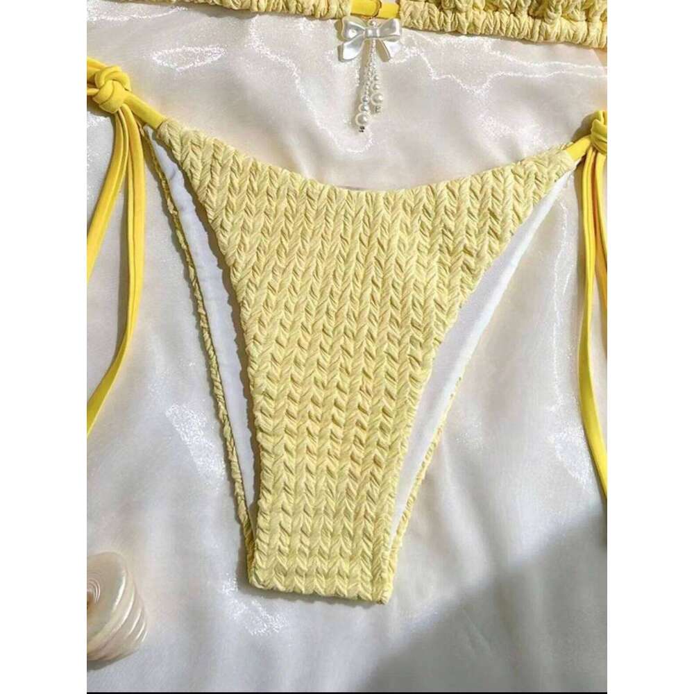 sexy yellow bow pendant women's bikinis sets two pieces halter tie swimsuit beachwear bathing suit swimwear biquini trikini Z260206