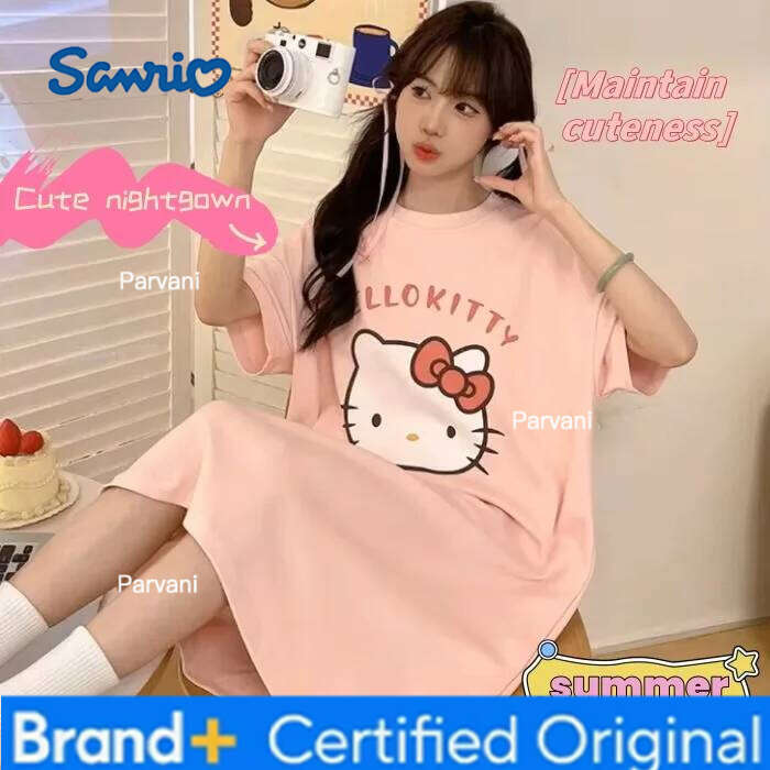 Sanrio Cute Hello Kitty Cartoon Anime Pajama Girl Summer Imitation Cotton Nightgown Can Be Worn Outside Home Clothes Comfortable Dress H260206