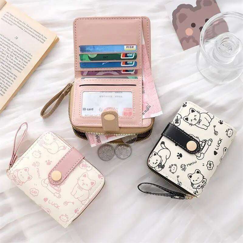 Cute Cat PU Leather Purse Women Fashion Short Folding Zipper Wallet ID Card Holder Travel Lightweight Cash Coin Bags Y260206