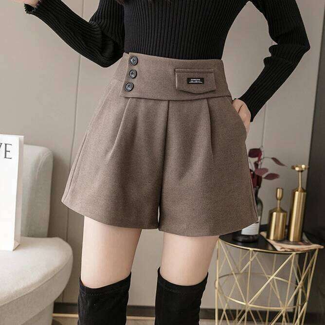 2025 Women Autumn Winter New Korean Loose Wide-leg Female Thicken Woolen Shorts Ladies High Waist Short Boots Pants L480 XJ260206