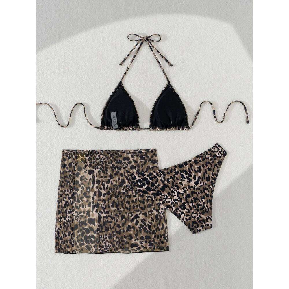 Leopard print bikini, European and American triangular cup strap, high-end metal floral swimsuit three-piece set XJ260206