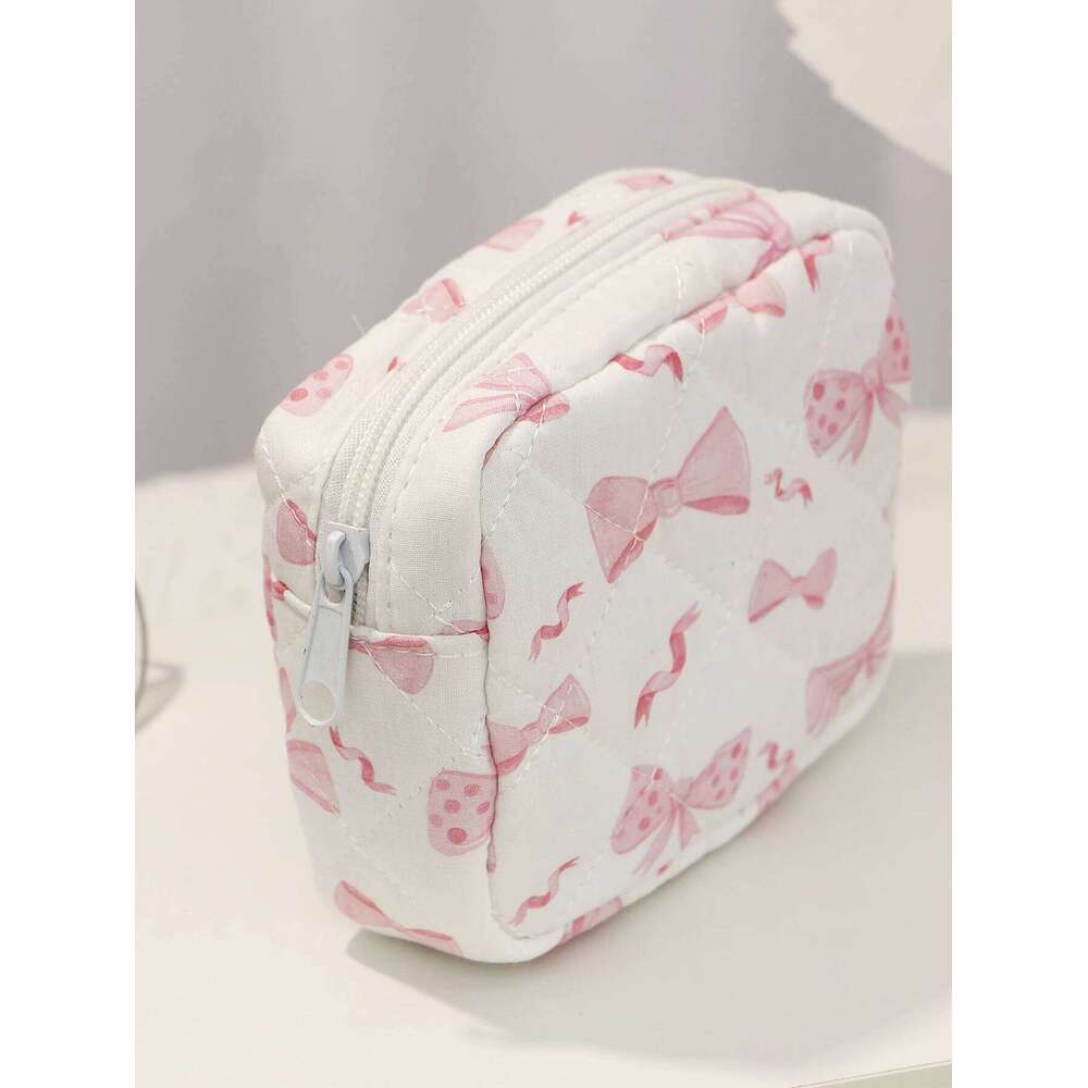 1pc bow quilted cosmetic daily tool storage cute mini bag, fashionable portable makeup bag Y260206