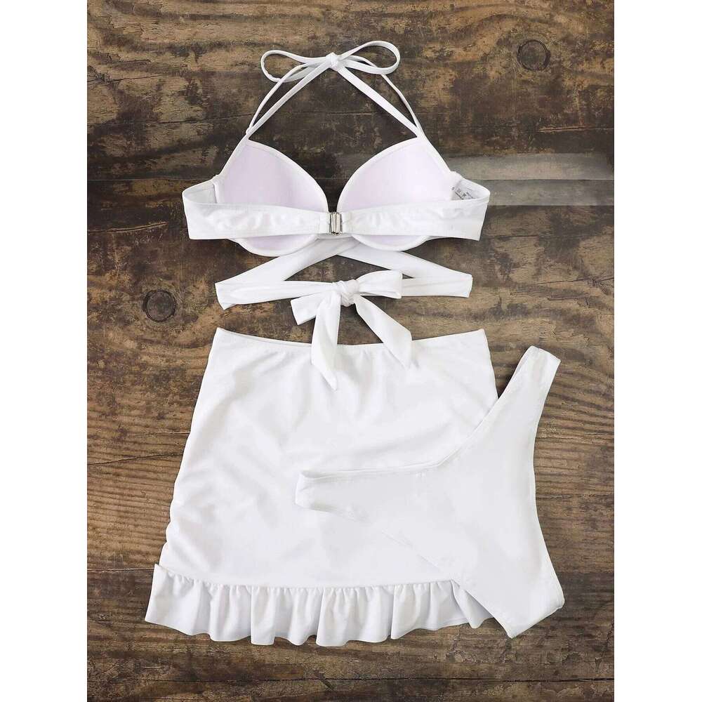 Women solid tie bow push up bikini sets three pieces with wrinkled ruffles mini skirt swimsuit bathing suit beach outfits XJ260206