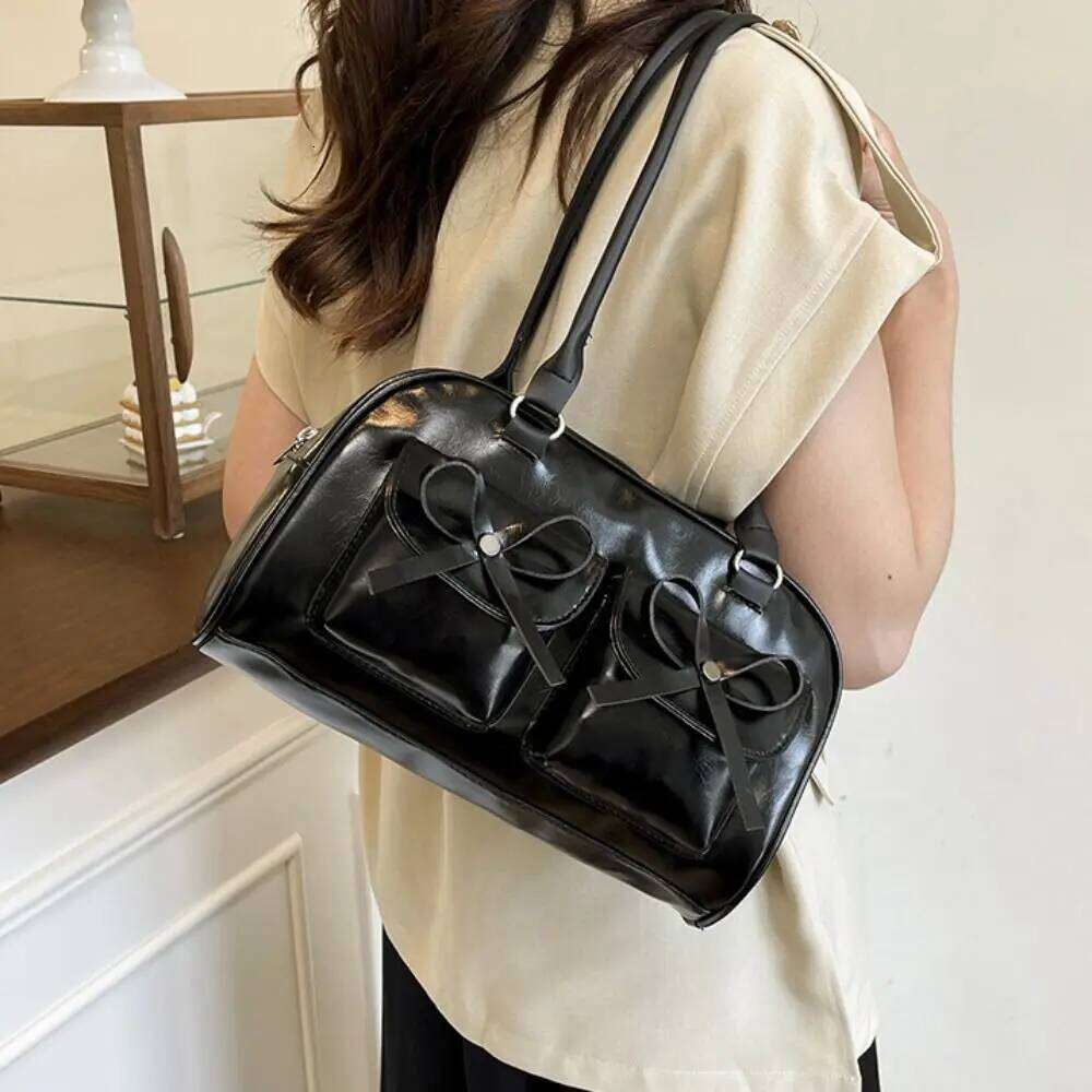 French Style Bow Ribbons Bowling Elegant PU Leather Boston Shoulder Casual Large Capacity Women Handbags Underarm Bag Y260205