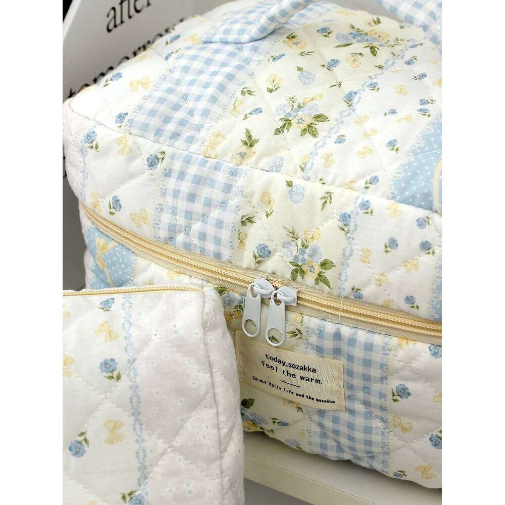 1pc/set blue patchwork quilted floral portable bag, multifunctional large capacity makeup bag Y260206