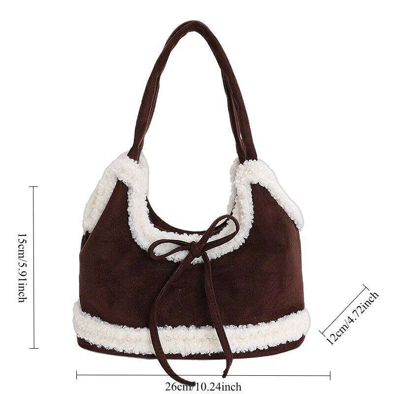Vintage Shearling Suede Tote Women Large Capacity Bow Shoulder Autumn Winter Fashion Simple Texture Casual Bucket Bag Y260205