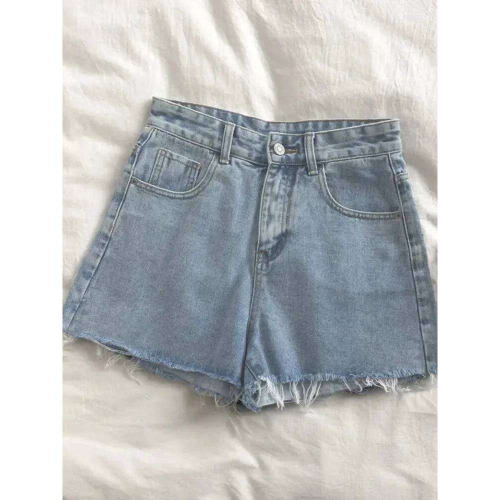 Korean High Waisted Raw Edge Women's 2023 Summer New Basic Button Pocket Shorts Street Denim Pant C260206
