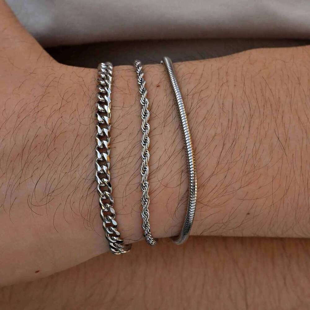 3pcs/set Cuban Chain Bracelet for Men,Classic Stainless Steel Stacked Bracelet,Punk Basic Chains Jewelry Gifts 26H0206