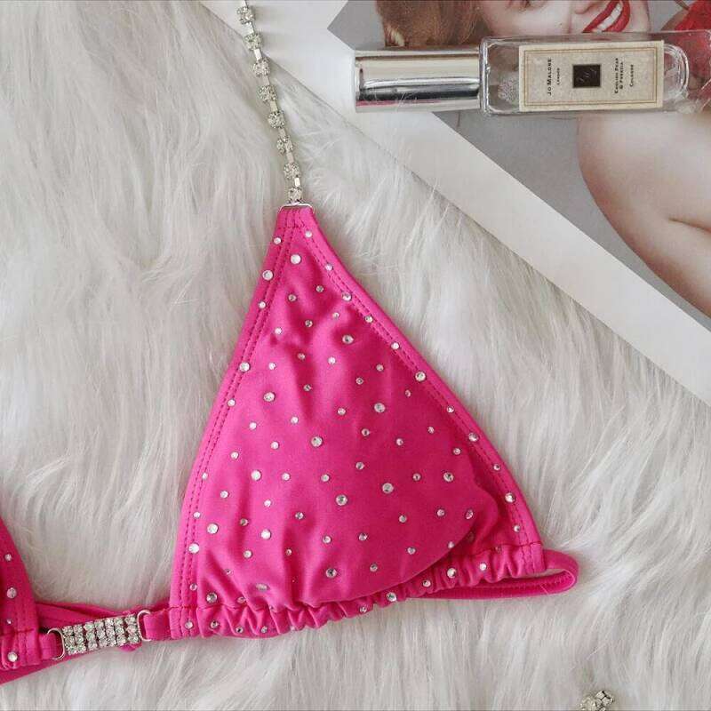 Sexy crystal diamond chain two-piece WOMEN'S solid color tie swimsuit bikini Z260206