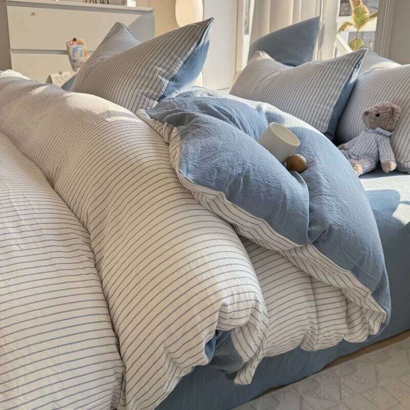 Soft Washed Bedding Set Striped Style Duvet with Quilt Cover Bedsheet Pillowcase 100% Cotton Bed Sheet Sets XJ260206