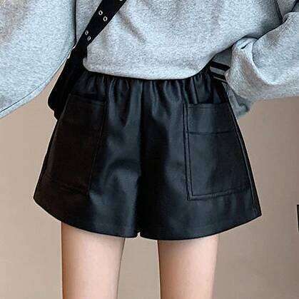 Shorts Women Ulzzang Chic Elastic Waist Pockets Loose Simple Pure Black Trendy Ins PU Leather Fall Casual 3XL Female All-match H260206