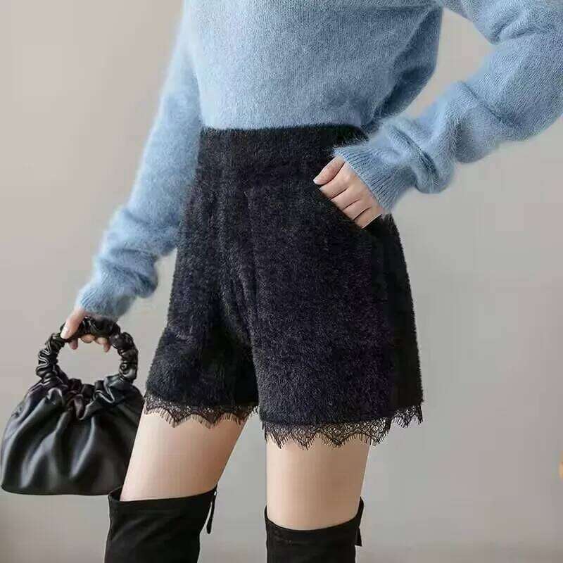 2025 Elastic High Waist Plush Autumn Winter Artificial Mink Wool Women Femme Casual Ladies Shorts Black Boots Pant XJ260206