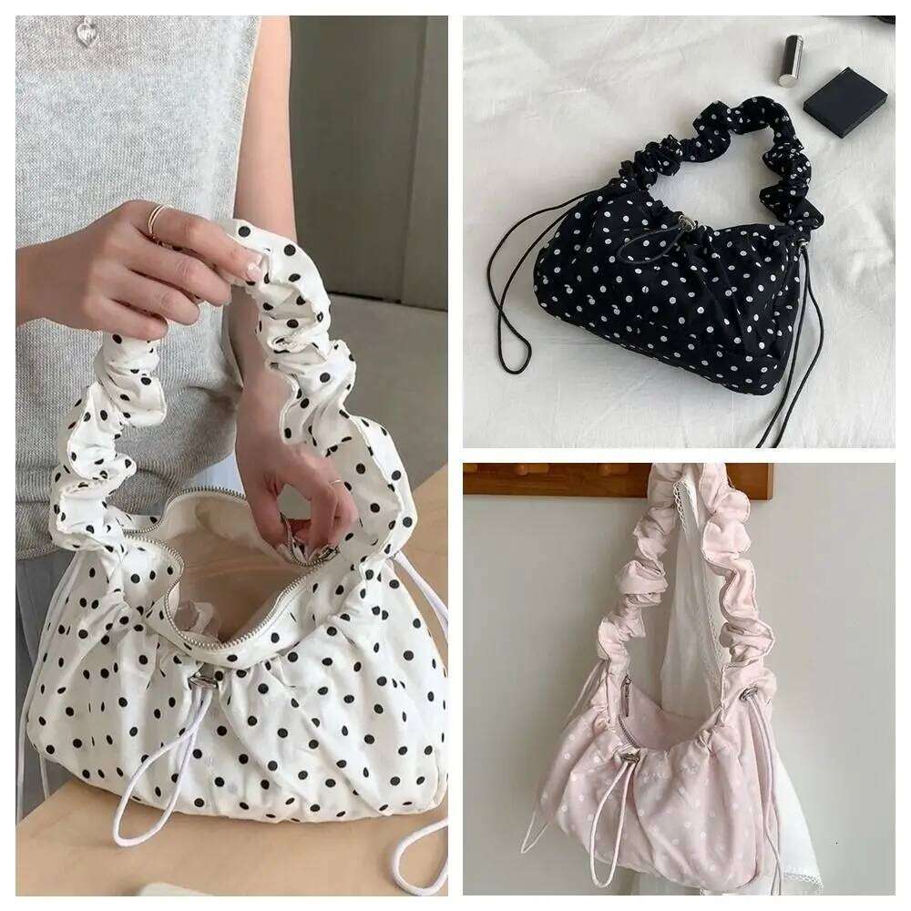 Women Polka Dot Underarm Large Capacity Crossbody Retro Drawstring Pleated Dumpling Bag for Outdoor Travel Clutch Purse Y260205
