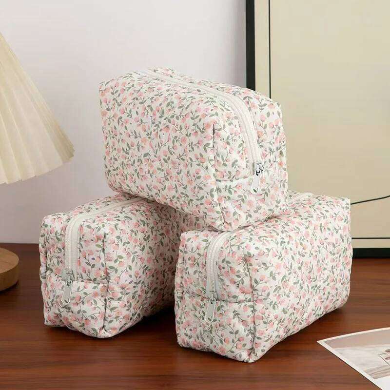 Pink Flower Printed Puffy Quilted Zipper Makeup Storage Organizer Toiletry Handbag Pouch Large Travel Cosmetic Bag Y260206