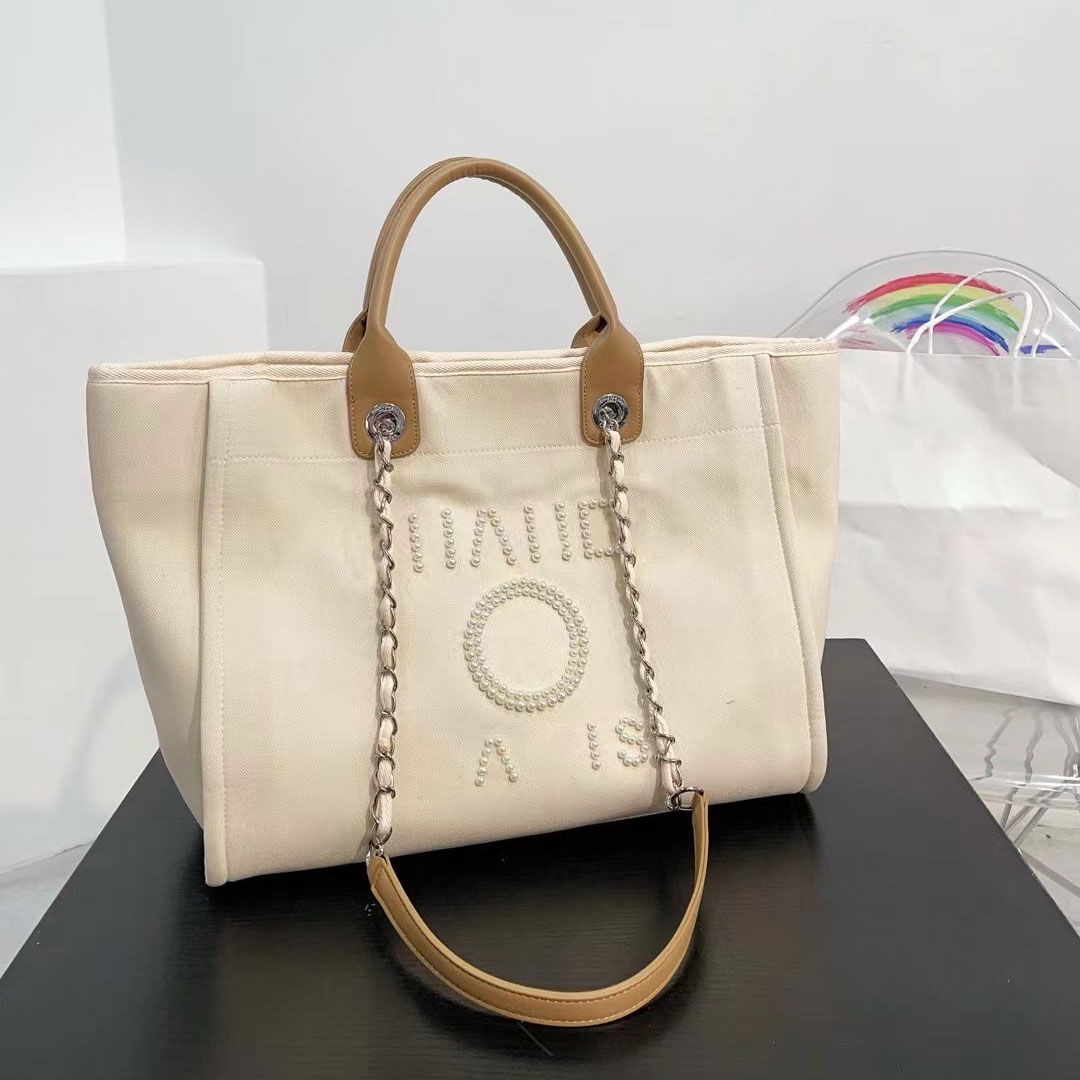 Designer Bag Beach Bag Large Capacity Canvas Tote Shoulder Bag Pearl Letter Bag Unisex Luxury Summer Travel Bag Shopping Tote Underarm Bag Chain Crossbody Bag