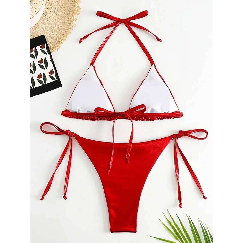 Sexy Metallic Halter Bikinis Sets Lace Up Triangle Tie Side Bikini 2024 Swimsuit Women Swimwear Brazilian Female Bathing Suits Z260206