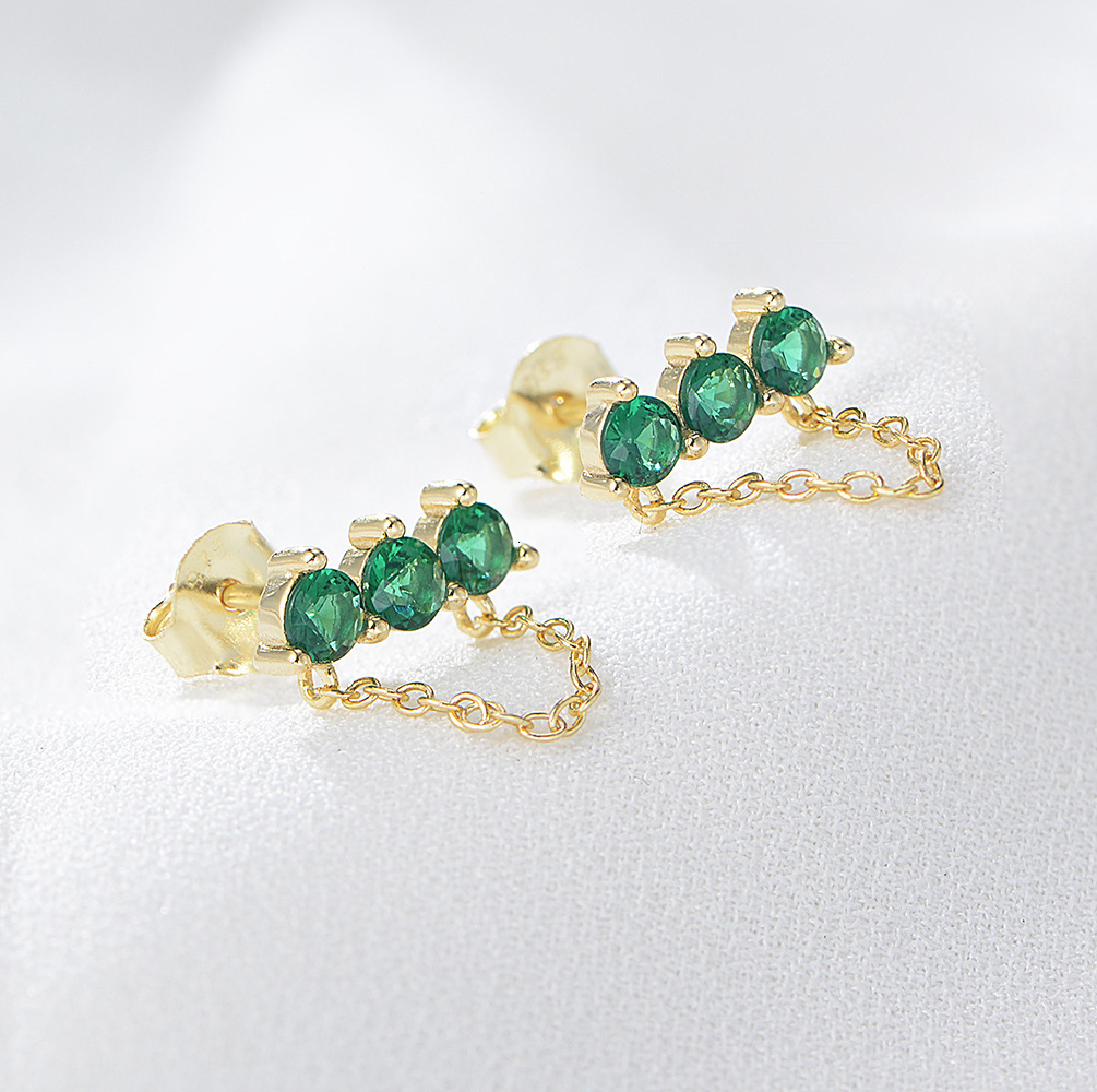 s925 sterling silver emerald green zircon simple and unique chain tassel earrings, trendy earrings