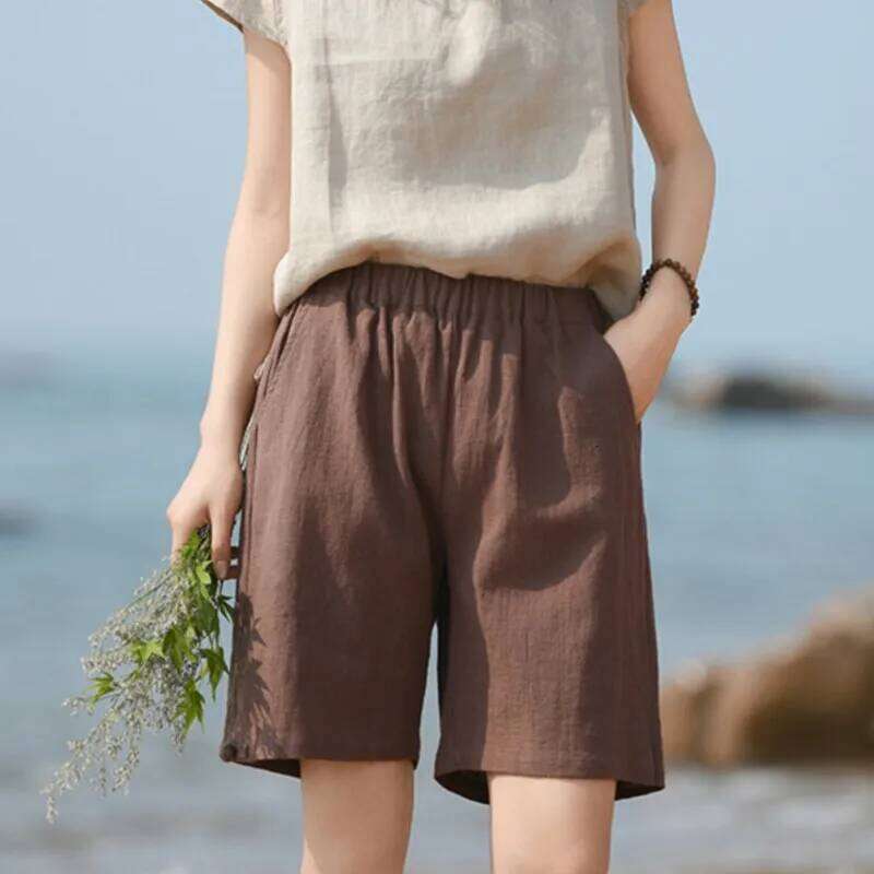 Johnature Summer Straight Elastic Waist Solid Color Pockets 2025 New Casual Loose Soft Women Shorts XJ260206