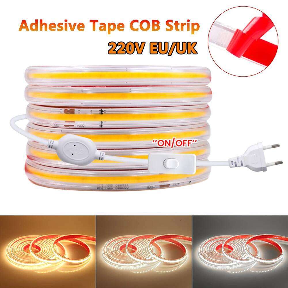 Waterproof 220V COB Led Strip with Switch EU UK Power Plug 288LEDs/M High Density Self-adhesive FOB LED Tape 3000K 4000K 6000K Z260206