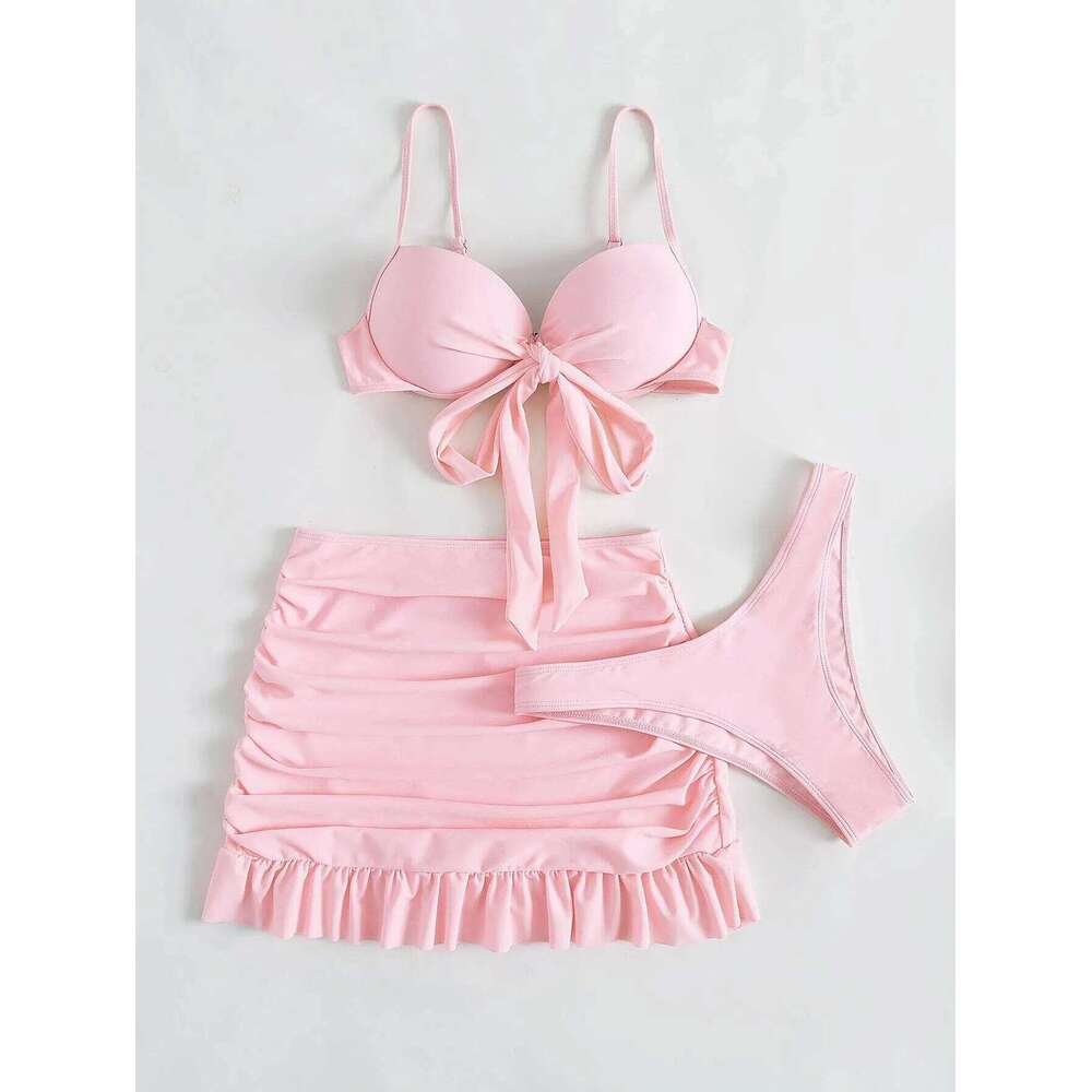 Women solid tie bow push up bikini sets three pieces with wrinkled ruffles mini skirt swimsuit bathing suit beach outfits XJ260206