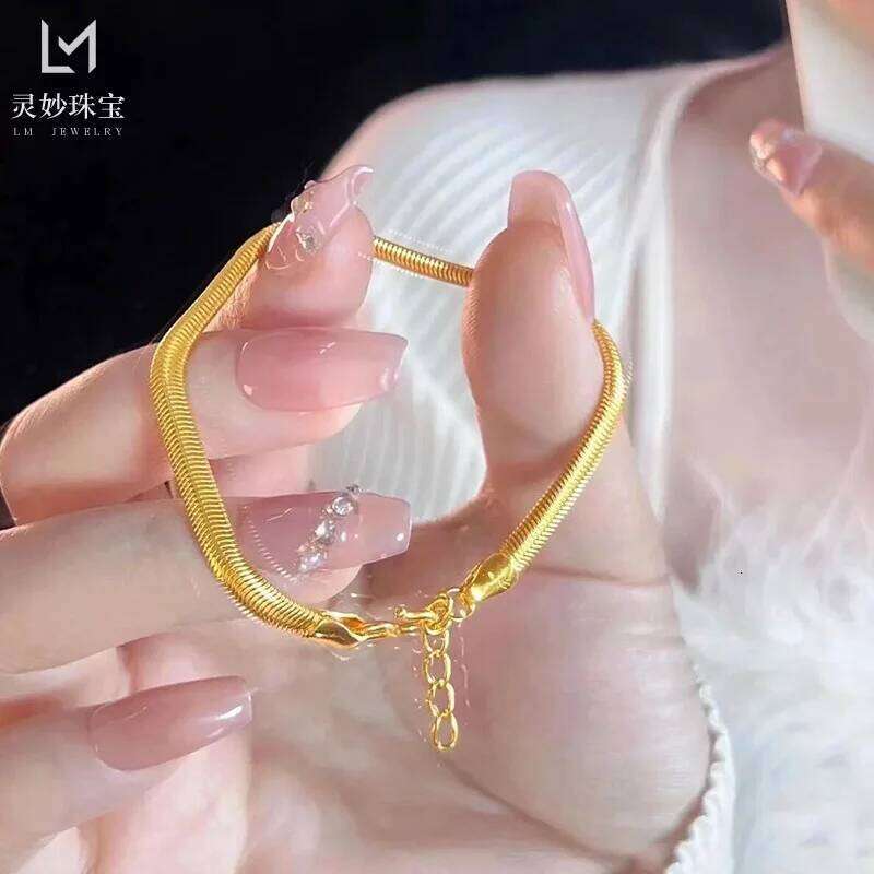 Unisex Luxury Flat Snake Bone Bracelet 24K Gold - Universal style, smooth chain, AU999 quality guarantee 26H0206