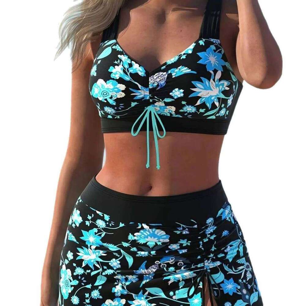 bathing suit women 2025 printed suspenders beach plus size swimsuit three-piece women's conservative shorts hot spring swimsui XJ260206