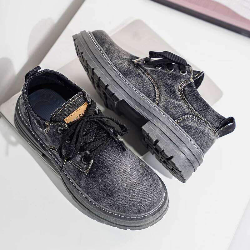 Spring Autumn New Style Denim Retro British Men's Shoes, Thick-Soled, Large Size, Versatile Low-Top Short Boots, Fashionable and Durable Casual S