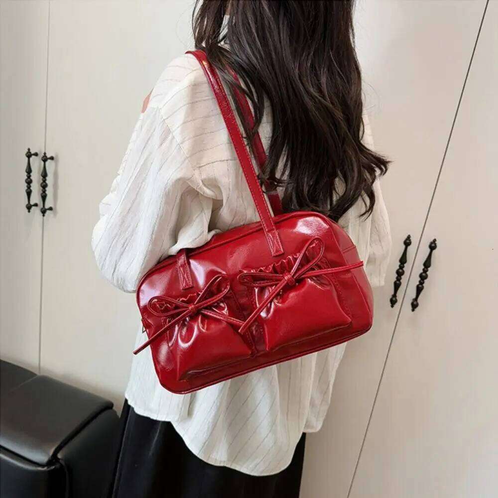 Fashion PU Leather Shoulder Solid Color Bowknot Underarm Bag Large Capacity Portable Handbag for Women Y260205