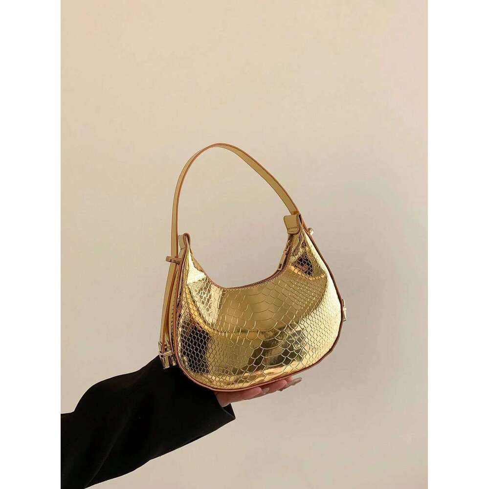 Metallic Snakeskin Hobo Solid Color Crocodile Embossed Shoulder Bag, Trendy Simple Underarm Bag Handbags For Women Y260205