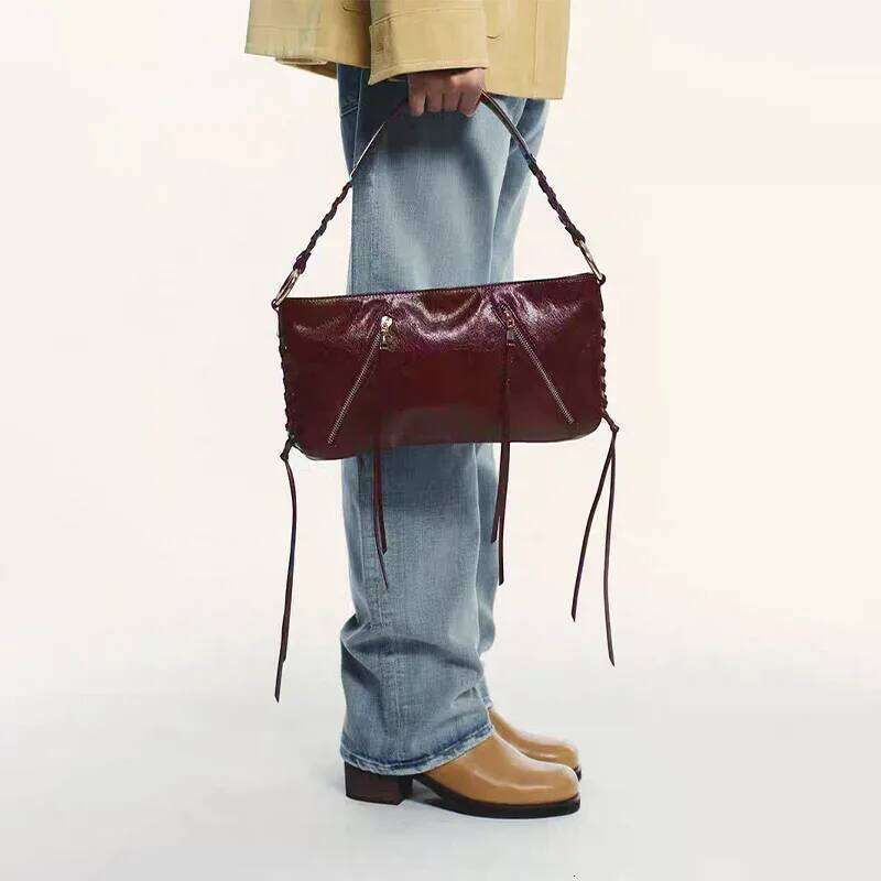 Designer Tassel Rope Strap Metal Studded Shoulder Bag,Vintage Burgundy Women Handbag,Elegant Rivet Commuter Everyday Chic Purse Y260205