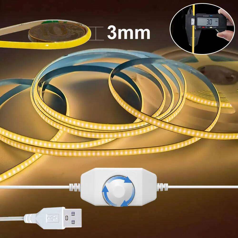 3mm COB Strip Light with Adjustable Color Temperature Warm/White & Dimmable Brightness Knob Switch for TV Backlight, Cabinets Z260206