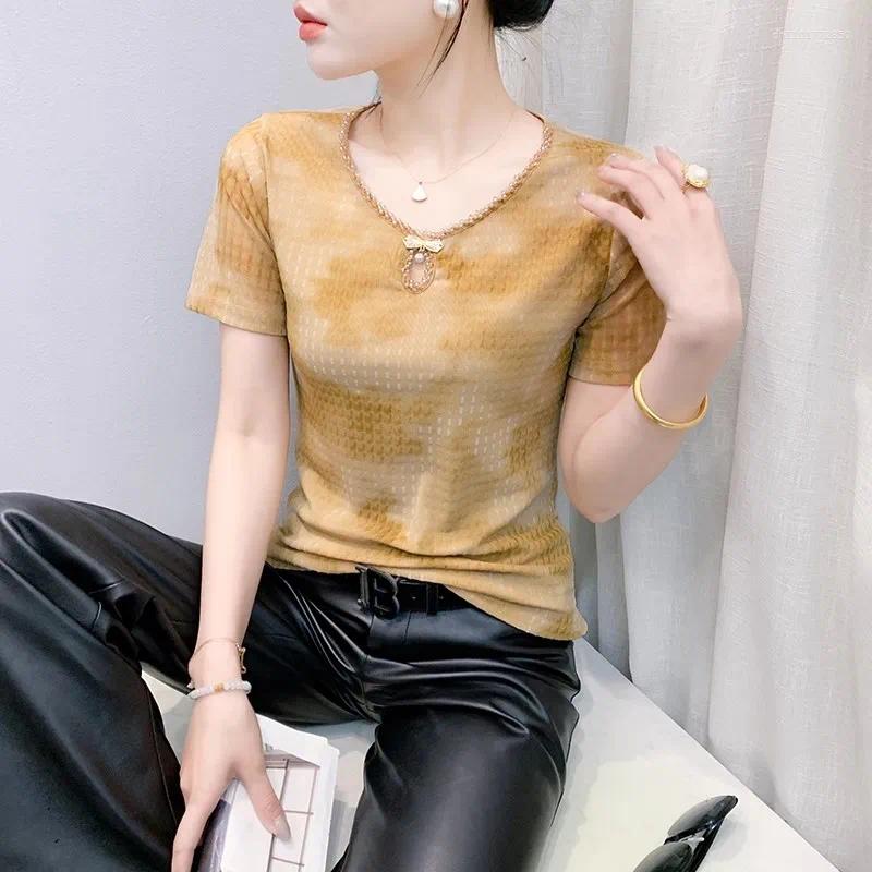Women's T Shirts Women Round Neck Beaded Mesh T-Shirt Summer 2026 Short Sleeves Casual Clothing Female Fashion Hollowed Out Tees Tops