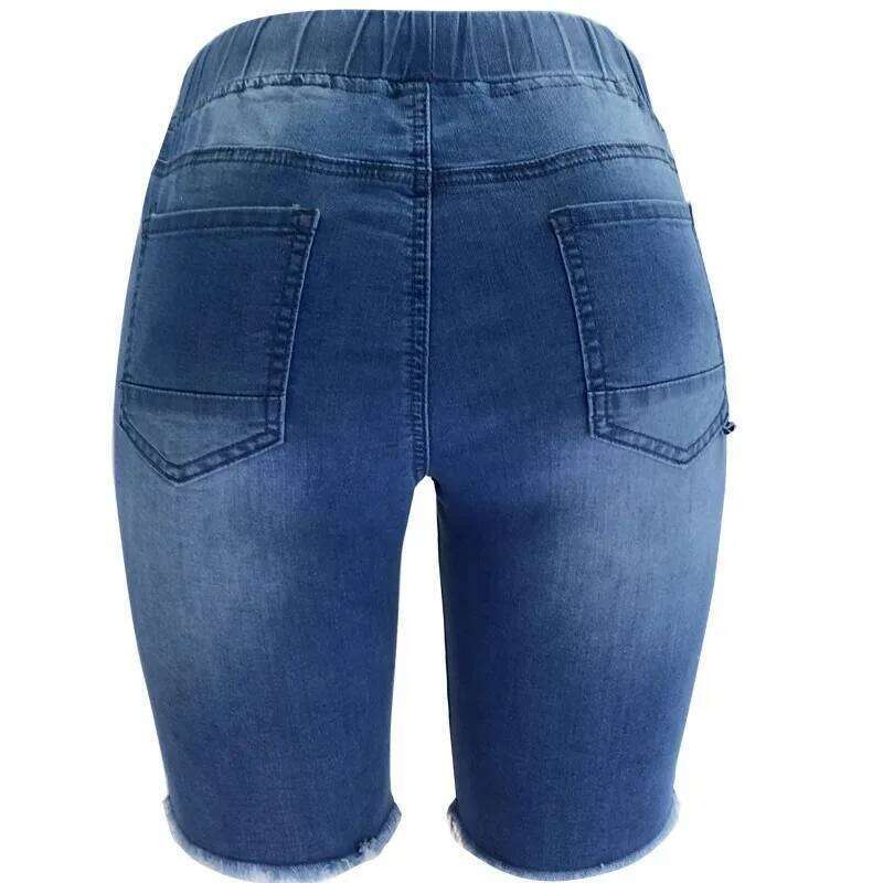 Shorts.Washed Ripped Mid-length Washed Jeans,New Fashionable Elastic Waist Drawstring Short Jeans for Women in Spring and Summer C260206