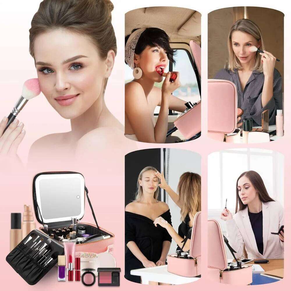 Makeup Bag LED Mirror Travel Large Train Case Cosmetic Organizer Make Up Bags with 3 Color Lights and Adjustable Dividers Y260206